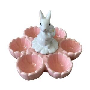 10 STRAWBERRY ST Easter Bunny Ceramic 6 Egg Holder Pink & White Spring NEW